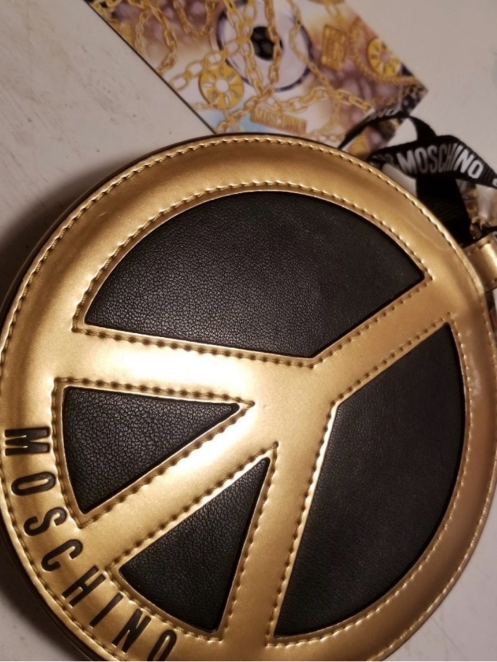 Moschino H&M Peace Sign Round Pouch Black Gold Leather